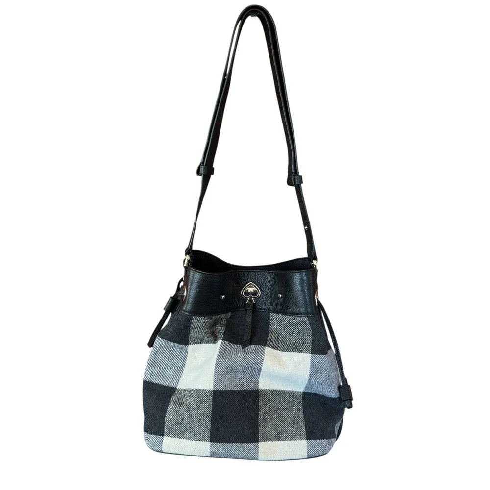 Kate Spade Marti Large Bucket Bag Buffalo Plaid Pebbled Leather Black White